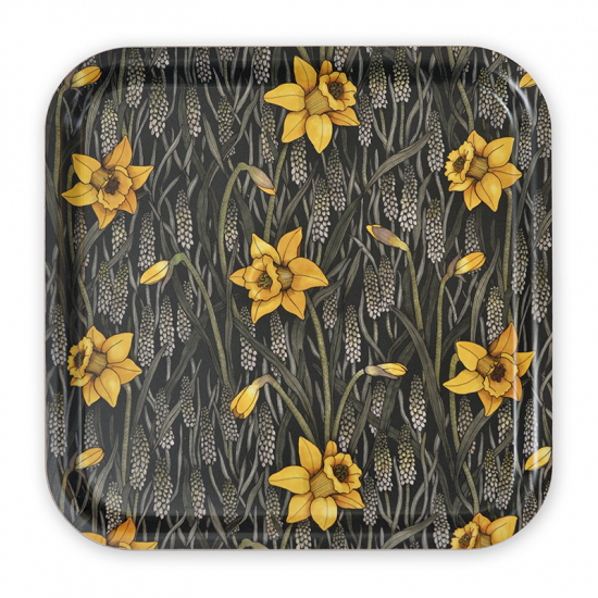 Bricka Vårpärlor mörkgrön, 32x32 cm, med mönster med påskliljor och pärlhyacinter