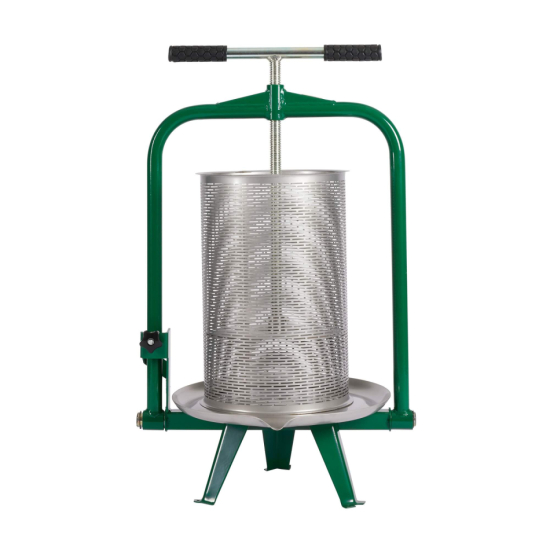 Stor fruktpress med presskorg 18 liter i rostfritt stål, gröna detaljer och med svarta handtag