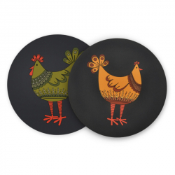 Grytunderlägg Tupp& Höna Grön-Gul 2-p