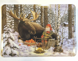 Julkort i metall av motiv Jan Bergerlind - Tomte med älg
