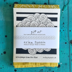 gåvoset SWEDISH FIKA CINNAMON kökshandduk + disktrasa gul-vit