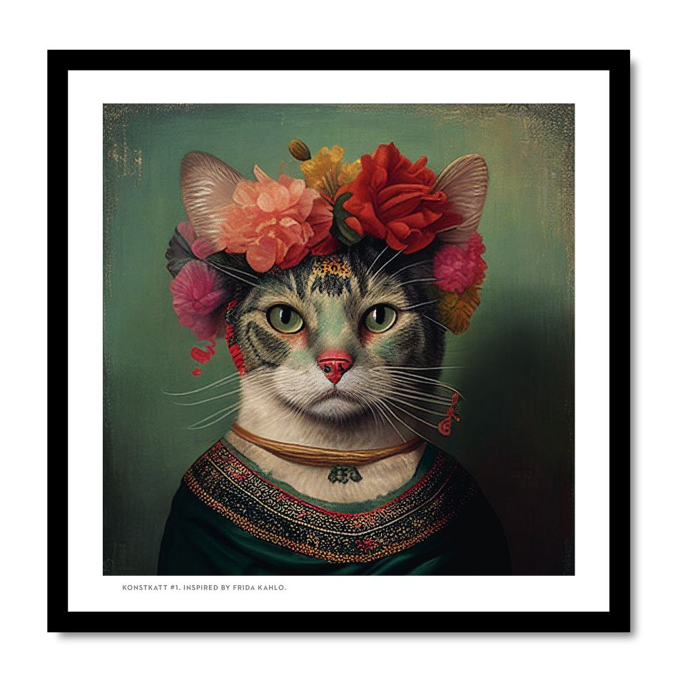 Inramad print (24X24 cm): Konstkatt 1 – Frida Kahlo