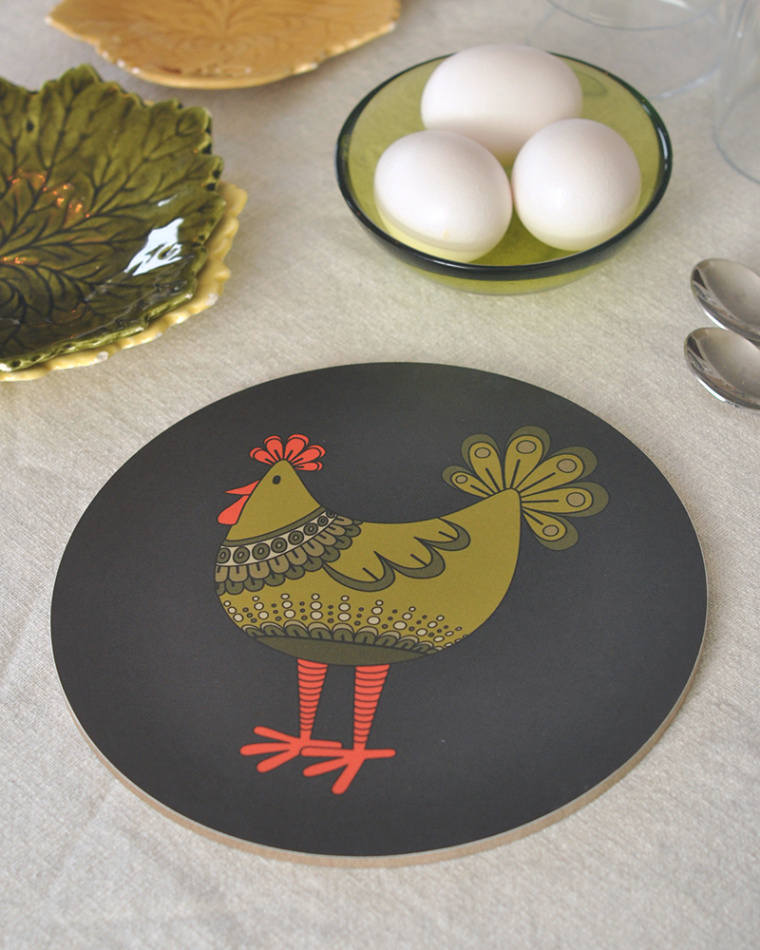 Grytunderlägg Tupp& Höna Grön-Gul 2-p