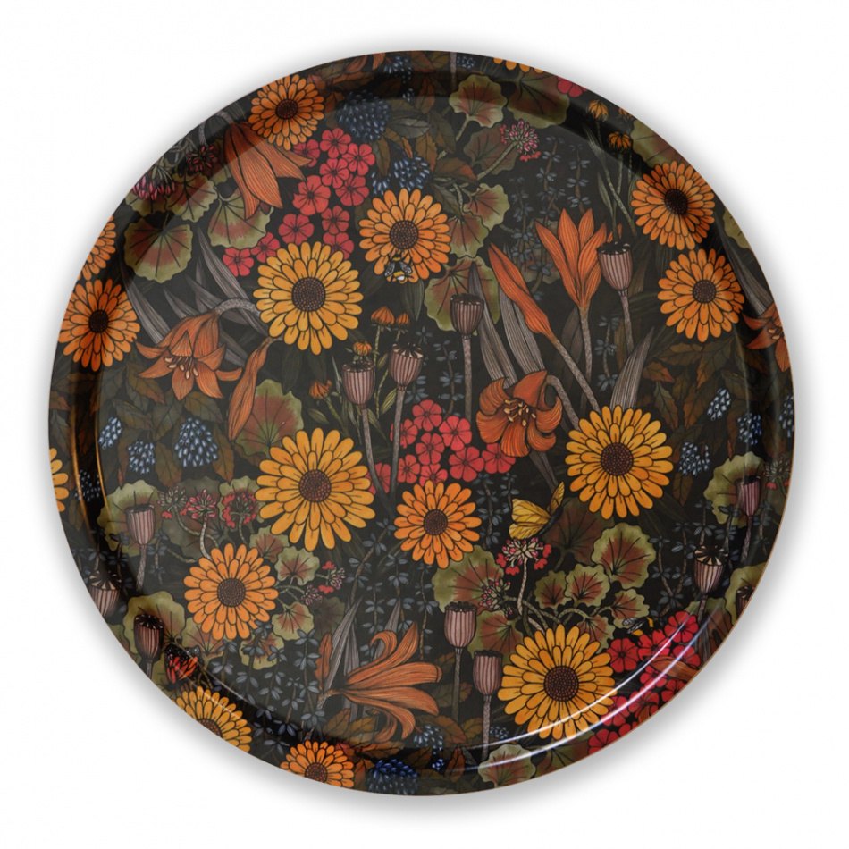 Bricka 38 cm med ringblommor, pelargon, liljor