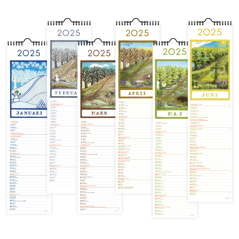 Väggalmanacka för 2025 med månadsillustrationer.