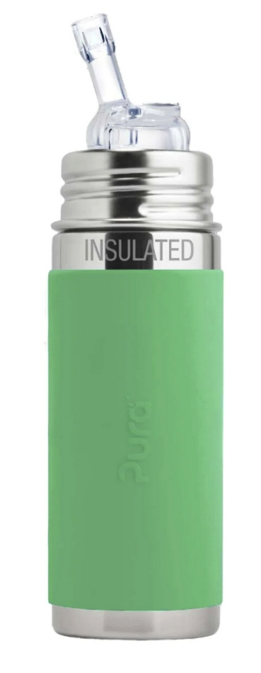 Pura isolerad sugrörsflaska 260ml rostfritt stål med silikonhölje - moss