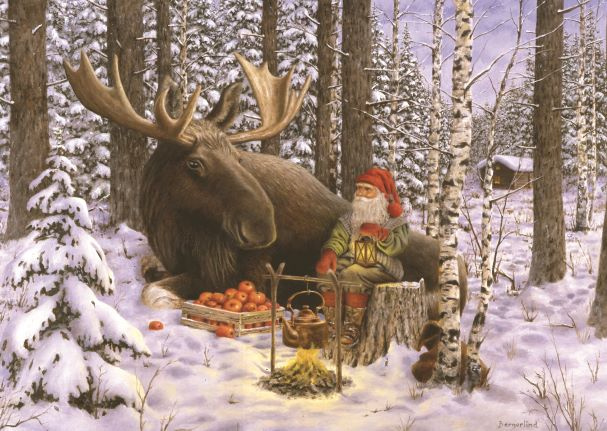 Julkort i metall av motiv Jan Bergerlind - Tomte med älg 3