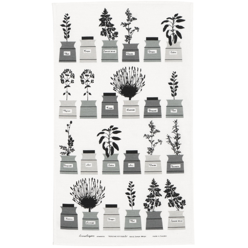 Persons kryddskåp, kökshandduk, gröngrå