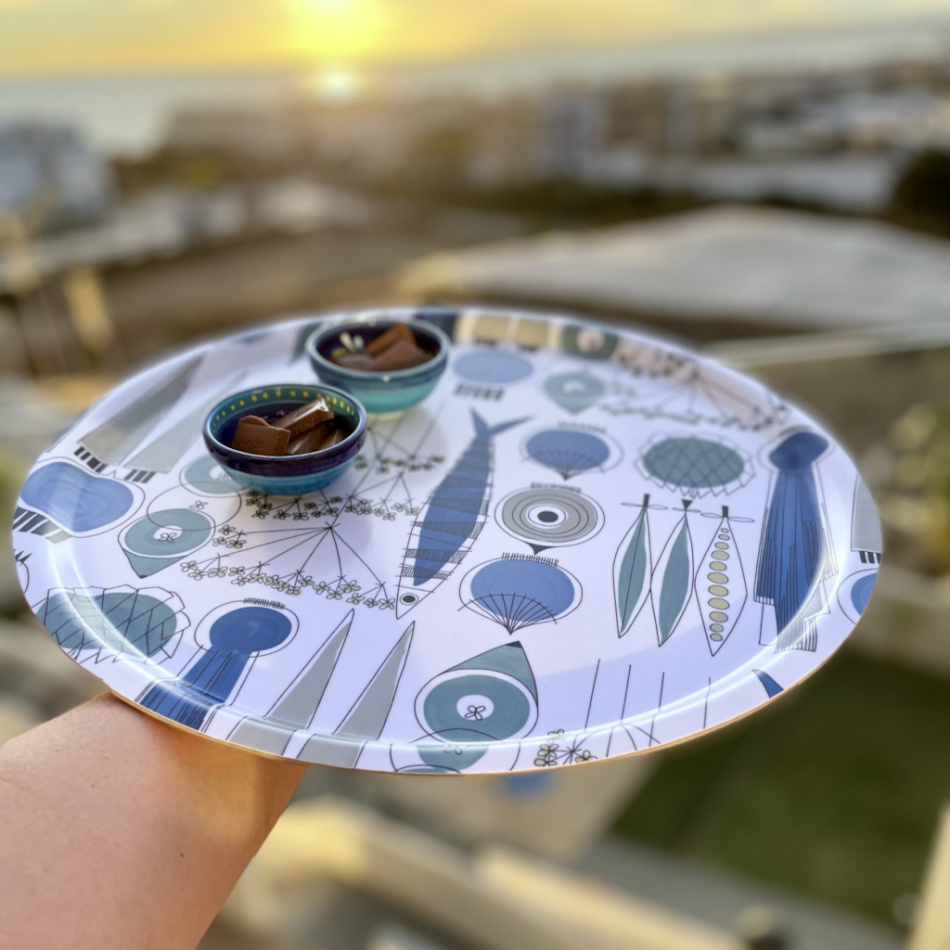 Picknick bricka blå beige, Ø38cm 2