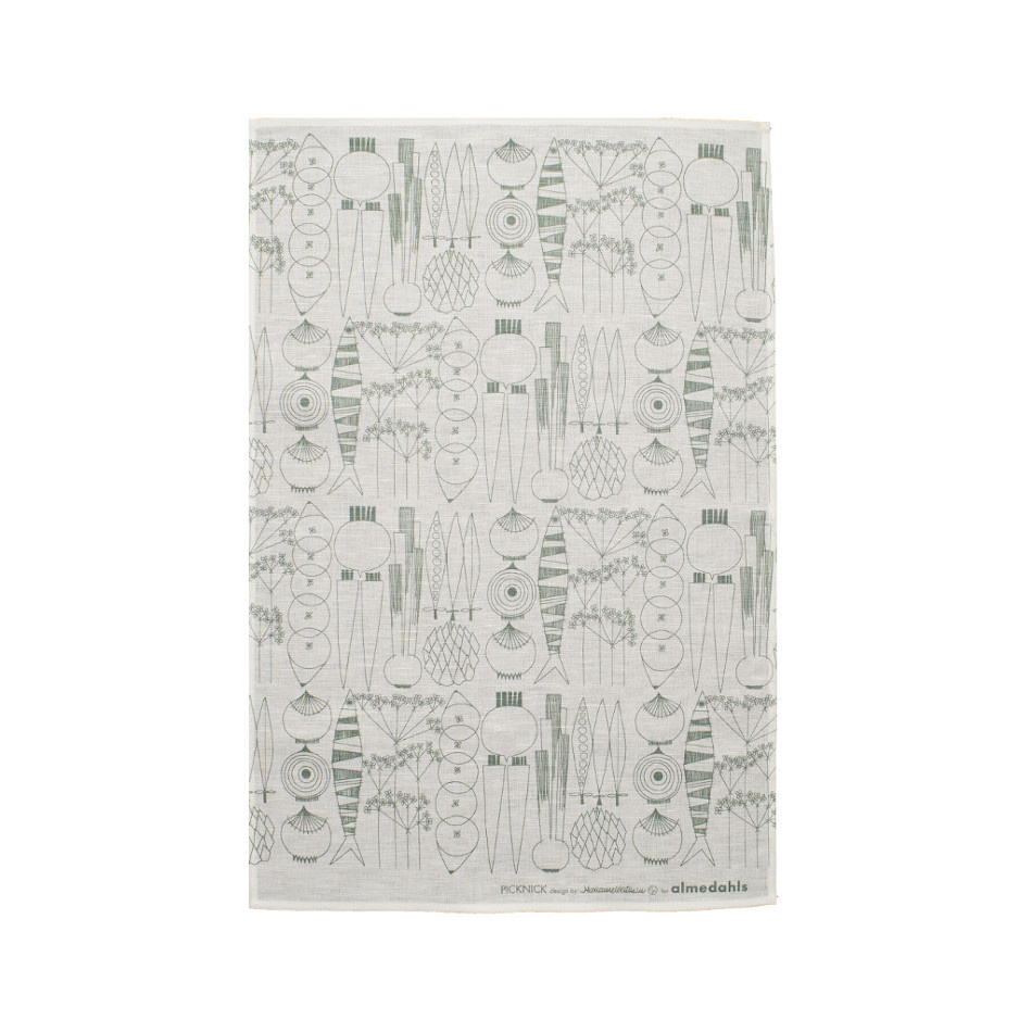 Picknick, kökshandduk, vit/gröngrå 1