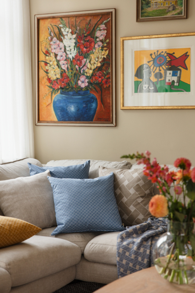 Korg, pläd bomull, blåbeige