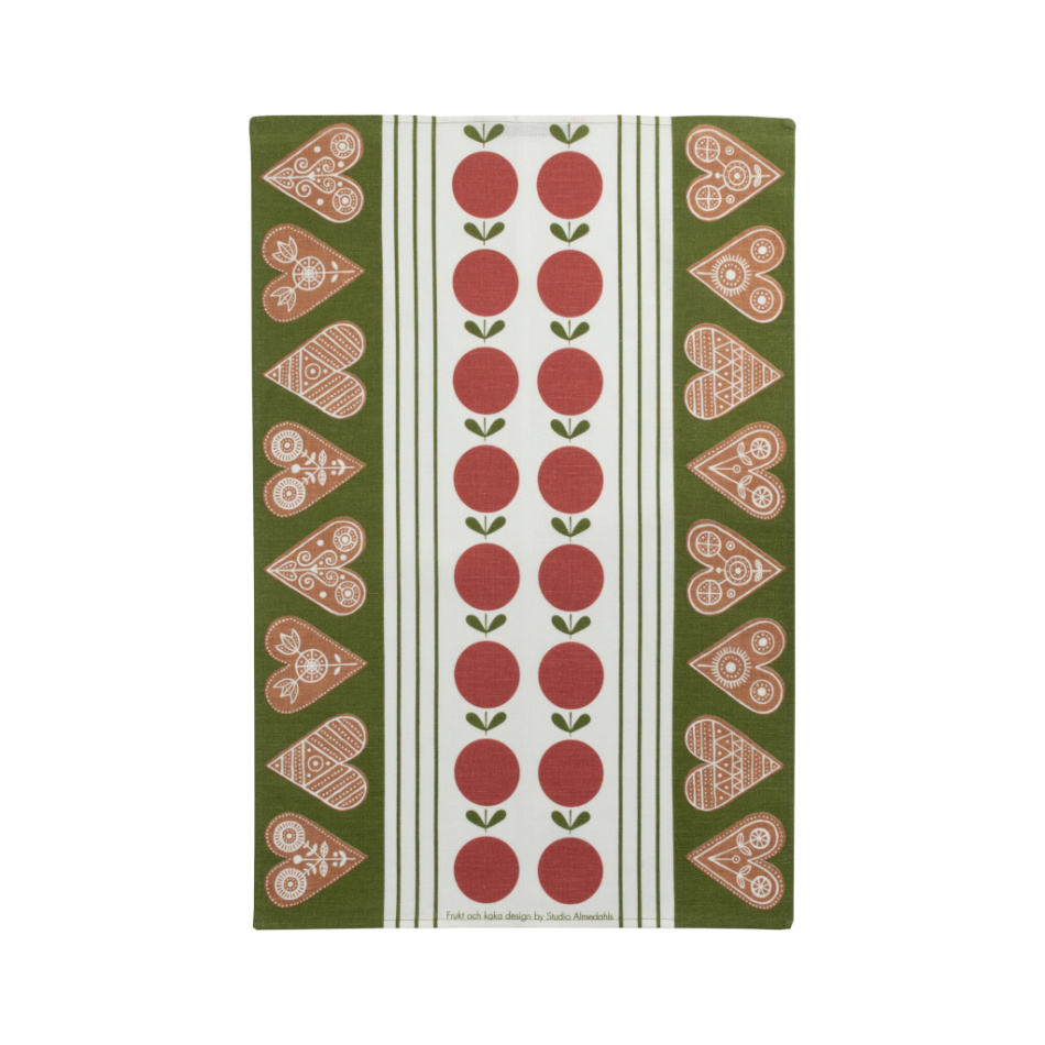 Frukt och kaka, kökshandduk, rödgrön