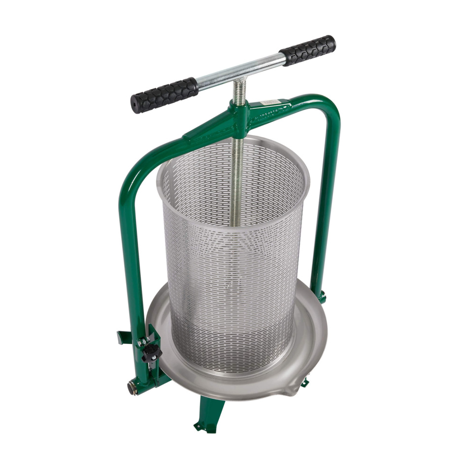 Stor fruktpress med presskorg 18 liter i rostfritt stål, gröna detaljer och med svarta handtag