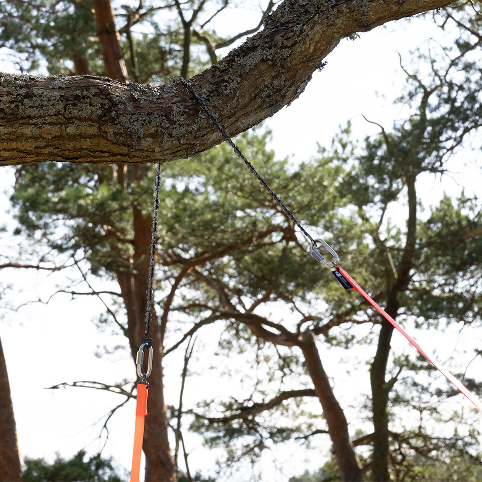 dubbeltandad sågkedja ligger över en gren