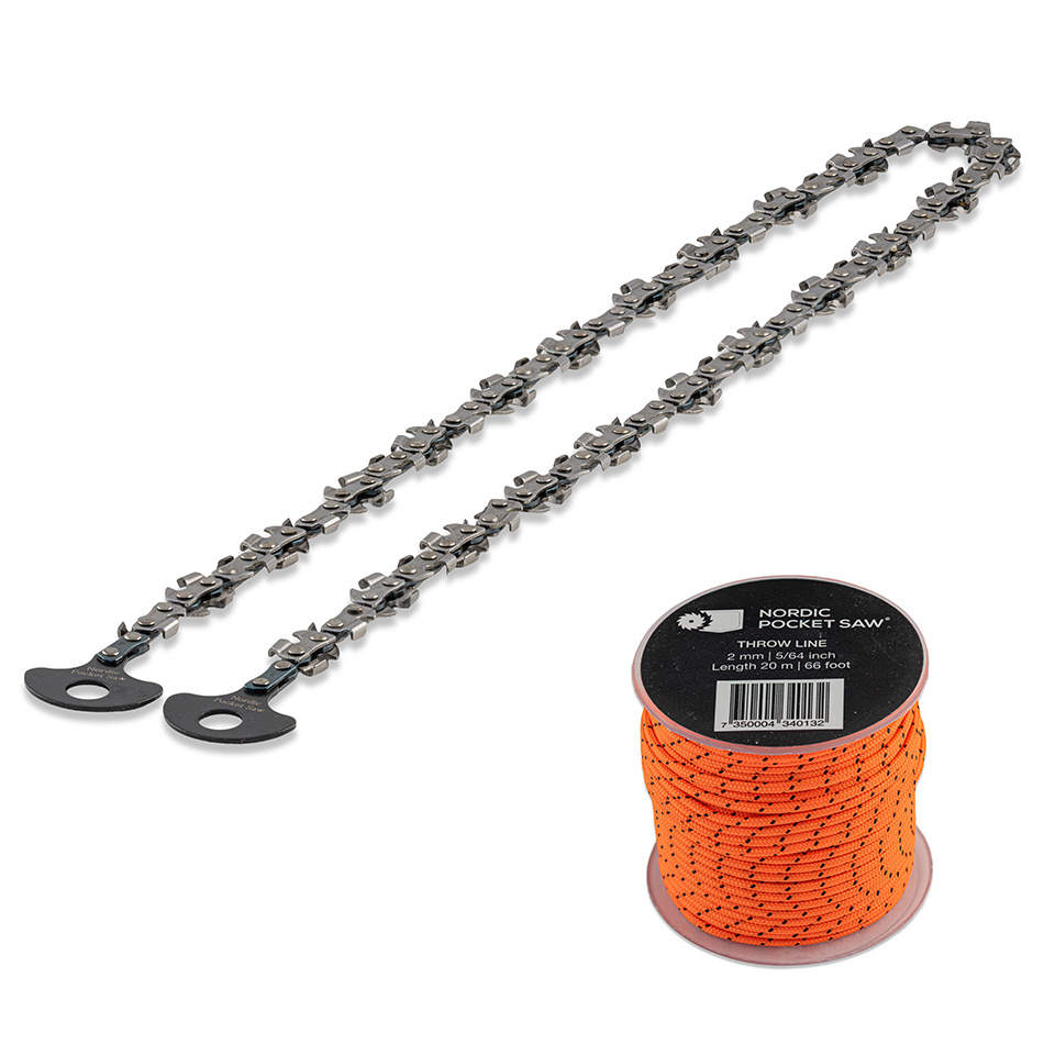 Inzoomad bild på sågkedja och kastlina