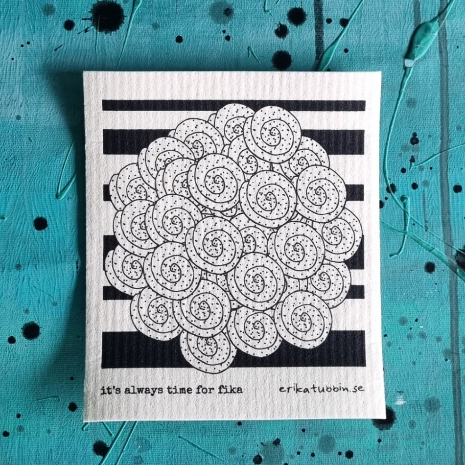 gåvoset SWEDISH FIKA CINNAMON kökshandduk + disktrasa gul-vit