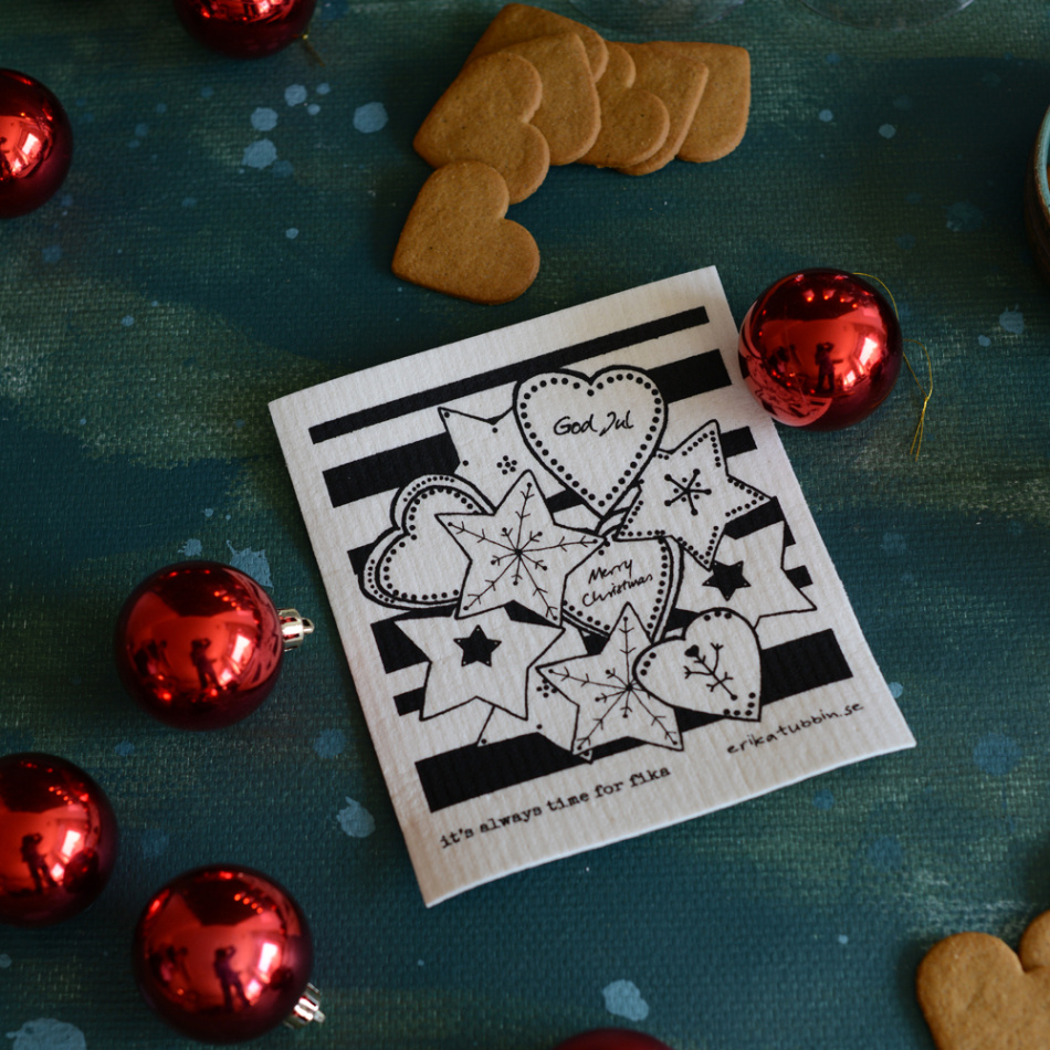 gåvoset SWEDISH FIKA GINGERBREAD kökshandduk + disktrasa svart-vit