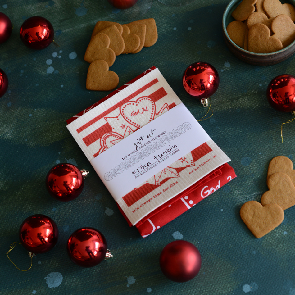 gåvoset SWEDISH FIKA GINGERBREAD kökshandduk + disktrasa röd-vit